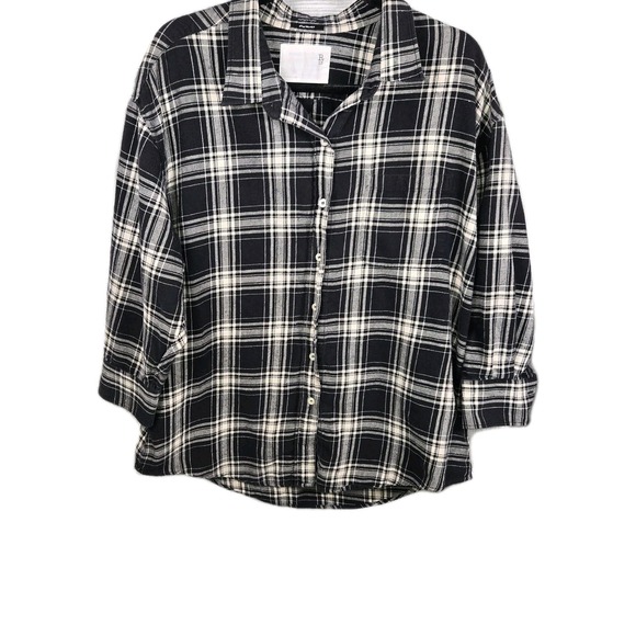 R13 Oversized Cropped Plaid Shirt Black Ecru Japanese Fabric Made in Italy L - Picture 3 of 7